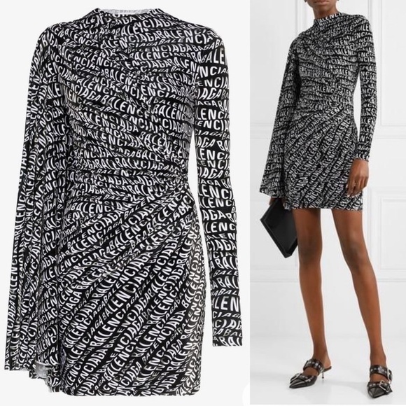 Balenciaga Logo Wave Stretch Fabric Velvet One-Sleeve Dress - size 36 - Picture 1 of 3